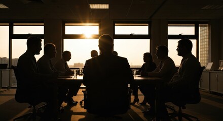 Fototapeta premium Silhouette of business team meeting in office at sunset.