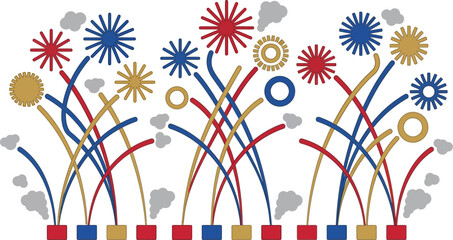 Fototapeta premium Fireworks display graphic depicts stylized explosions in red, white, and blue colors on a clean background.