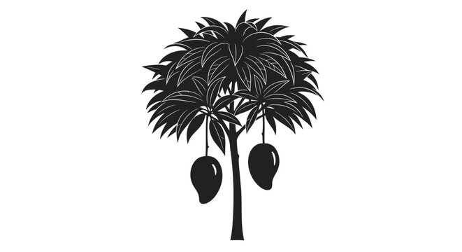 Tropical mango tree with hanging fruit silhouette