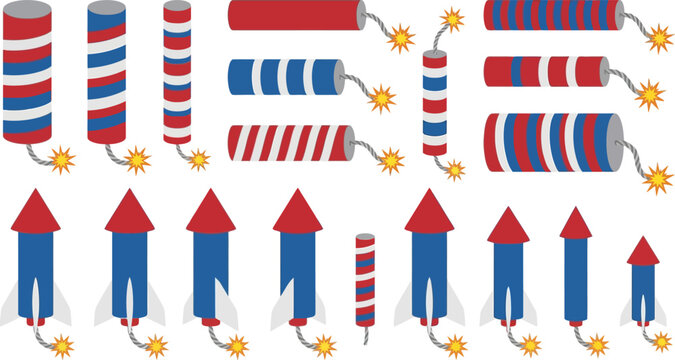Firework rockets and explosives are arranged in a collection for Independence Day celebration themes.