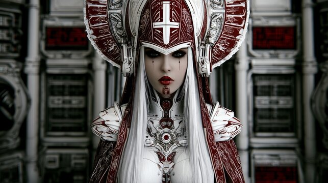 Futuristic cyborg religion and control concept featuring artificial intelligence, cybernetic society, digital surveillance, technological power, virtual belief systems and human machine integration