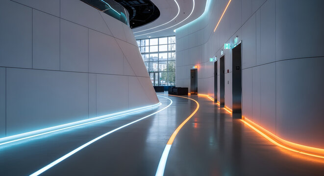 Modern Futuristic Interior Hallway with Neon LED Lights and Elevators