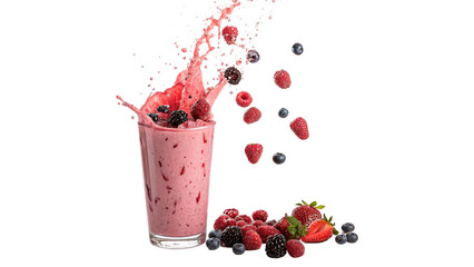 Glass mug of exploding pink berry smoothie with flying ingredients isolated on transparent background cut out © Roksana