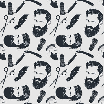 Barbershop seamless pattern with hipster face, hairdressing scissors and razor. Vector illustration