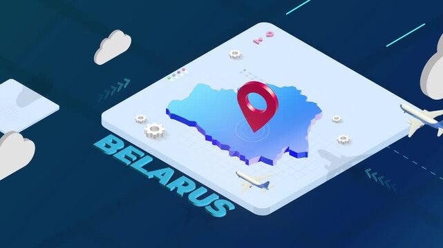 Isometric 3D Render of Belarus Map with Red Location Pin Pointer and Floating Airplanes