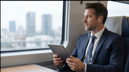Fototapeta premium Business Traveler: Productive Work on Tablet During Train Commute