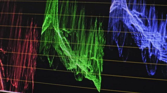 Angled macro view of an RGB parade monitor analyzing digital signals in an editing suite. The detailed waveform graph emphasizes the technical complexity of broadcast engineering.