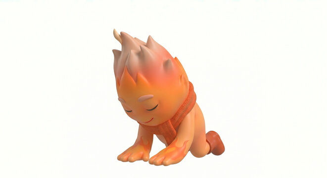 Original Fictional Flame Character Kneeling Bowing Polite Respectful Humble Pose