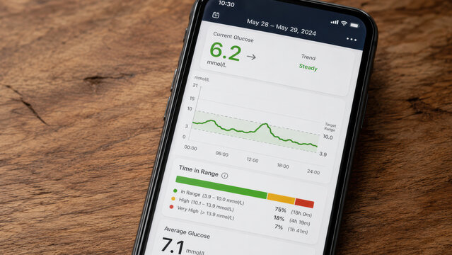 Diabetes. Close-up of a smartphone screen showing a CGM (continuous glucose monitoring) app dashboard with a 24-hour glucose trend line graph