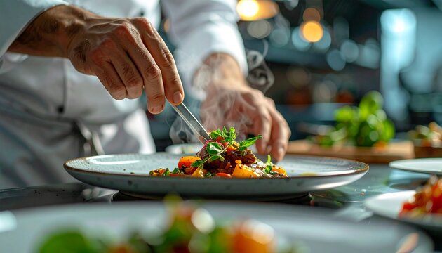 a professional chef is arranging the plating on a gourmet dish using kitchen tweezers in a busy restaurant kitchen. This photo captures precise detail, steam rising from foodchef preparing food