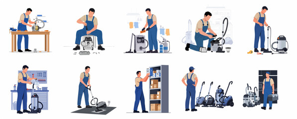 Fototapeta premium Professional vacuum cleaner repair technician servicing and maintaining appliances illustration set