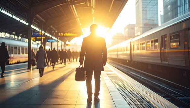 A man in business casual style stands on a train station platform lit by warm morning sunlight. He wore a light brown coat, khaki trousers and leather shoespeople in subway