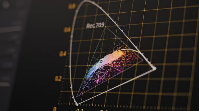 Angled close-up of a color scope monitor analyzing Rec 709 data on a yellow pixel grid. The shifting chromatic trace emphasizes the rigorous standards of professional video editing.
