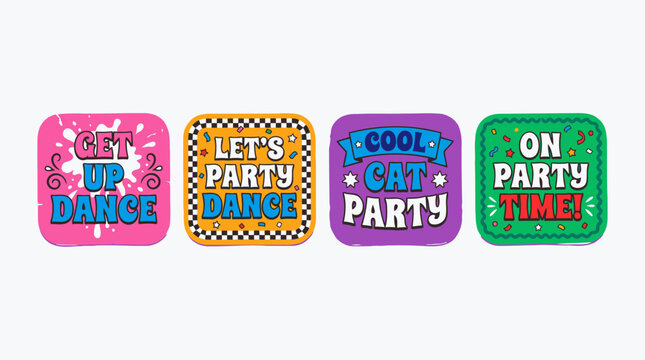 Set of four colorful party stickers with fun typography and confetti elements