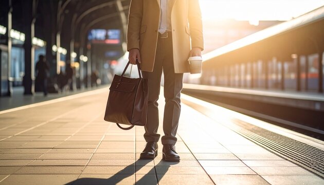 A man in business casual style stands on a train station platform lit by warm morning sunlight. He wore a light brown coat, khaki trousers and leather shoesy