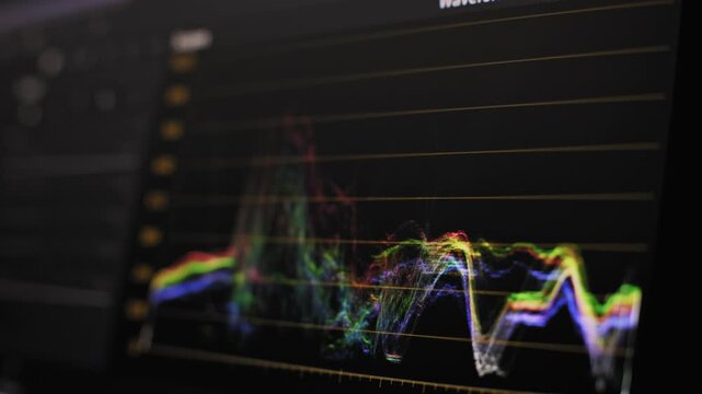 Angled close-up of a waveform monitor displaying a fluctuating signal graph with luma levels. The colorful data points on the screen emphasize the precision of post-production.