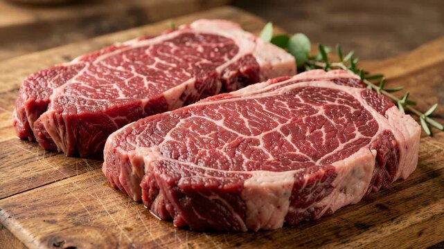 Rare sliced beef with visible marbling on top of a wooden cutting board.