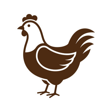 A simple brown icon of a farm chicken standing on white