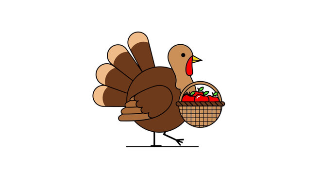 Cartoon Turkey Carrying Basket of Apples.