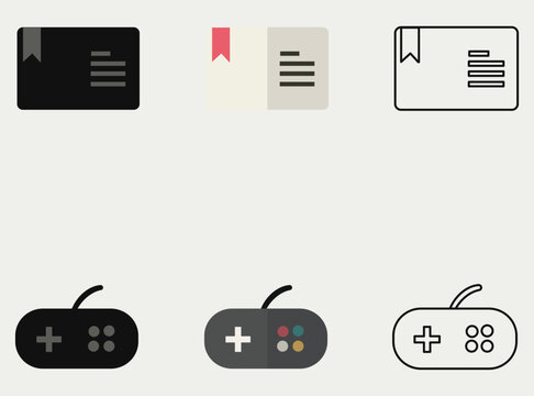 Minimalist book bookmark and retro game controller icon vector set
