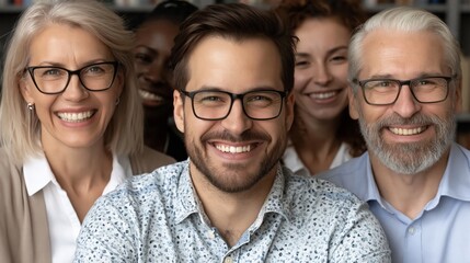 Fototapeta premium Diverse smiling professionals wearing glasses pose together with a blurred office background for corporate branding.