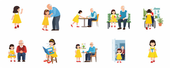 Fototapeta premium Collection of flat illustrations showing grandfather and granddaughter bonding through various activities and elderly care
