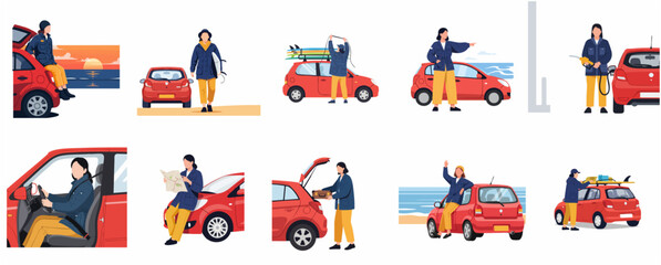 Naklejka premium Set of flat illustrations of a woman on a road trip with a red car, featuring driving, surfing, and traveling scenes