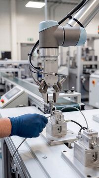 Gloved engineer guiding collaborative robot arm assembling metal part on factory workbench