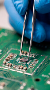 Macro view of gloved hand placing image sensor chip with tweezers on circuit board