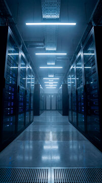 Modern data center corridor with illuminated server racks and reflective floor at night