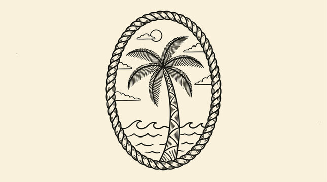 Retro monochrome tropical palm tree illustration enclosed within a rustic nautical rope border and classic oval frame silhouette, evoking a nostalgic seaside or coastal aesthetic.