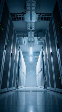 Futuristic data center hallway with glowing server racks and overhead cable management