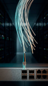 Glowing fiber optic cable strands emerging from network connector above server switch