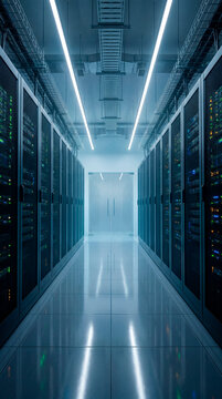 Illuminated server room corridor with dense racks and bright vanishing point lighting