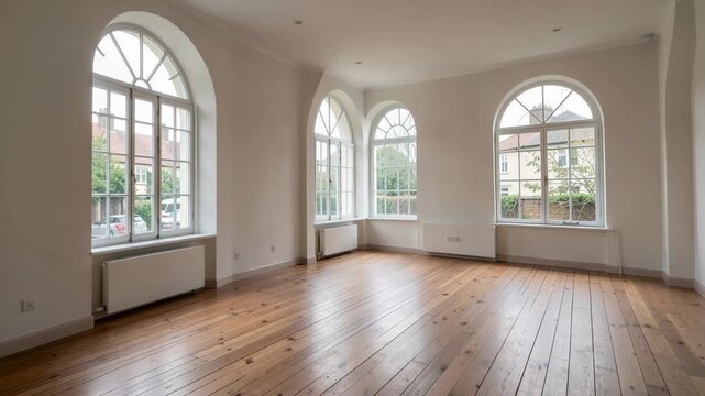 An unoccupied space with light wooden floors and large windows for natural light.