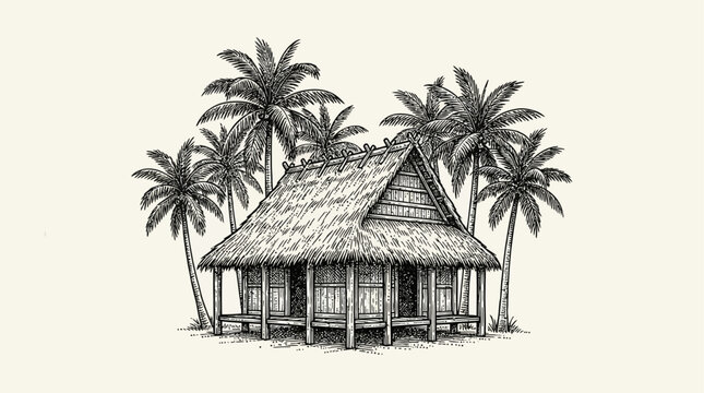 Vintage monochrome engraving of a secluded tropical island hut surrounded by tall palm trees, detailed hand-drawn etching of a coastal beach bungalow in a classic black and white artistic style.