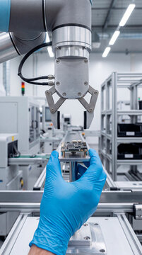 Collaborative robot arm and gloved technician handling circuit board on automated assembly line