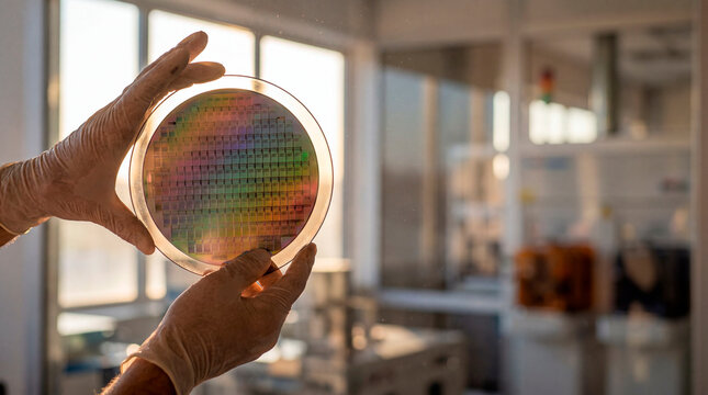 Gloved hand holding iridescent silicon semiconductor wafer against backlit laboratory window