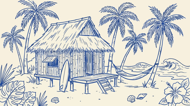 Handdrawn artistic sketch of a rustic tropical beach hut surrounded by swaying palm trees, minimalist black and white line art vector illustration for coastal summer vacation design.
