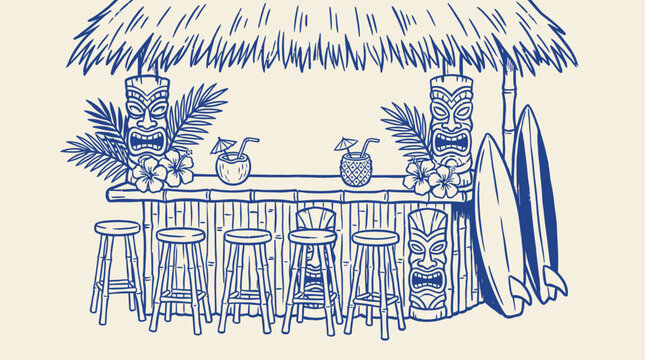 Vintage hand drawn vector illustration of a tropical tiki bamboo bar featuring wooden stools and thatched roof set in an exotic island beach atmosphere for summer cocktail party concept.