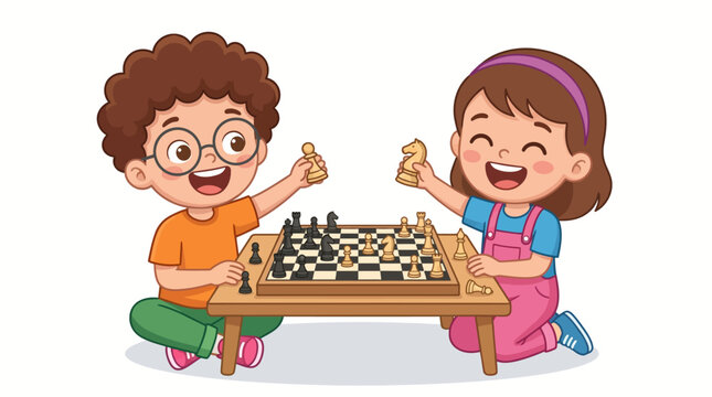 Two happy children playing chess on a wooden table with a colorful and playful mood against a clean white background.