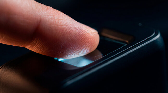 Close up finger pressing illuminated biometric fingerprint scanner on dark security device