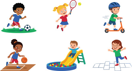 Fototapeta premium Cute Children Playing Outdoor Sports Vector Illustration Set with Soccer Tennis Scooter Basketball Playground Slide and Hopscotch for Kids Active Leisure