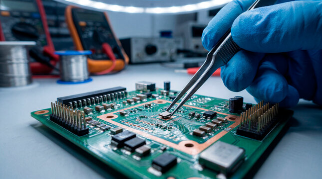 Engineer using tweezers to place microchip on circuit board at electronics repair bench