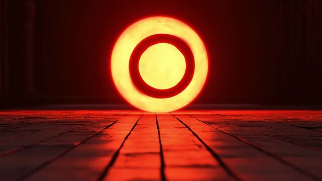 A large glowing orb sits on a stone path as shadows stretch and light reflects in an urban area during evening hours