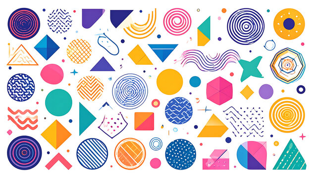Collection of colorful abstract pixel art shapes and geometric elements, digital patterns, retro gaming style