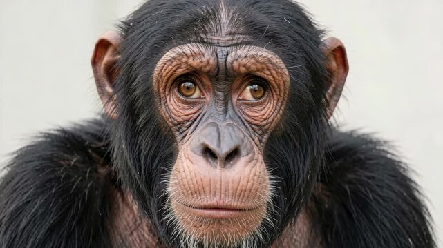 A detailed showing the face and upper body of a chimpanzee focusing on its curious eyes and mouth.