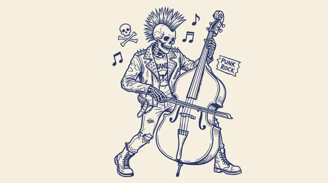 Grungy Undead Skeleton Punk Musician Playing Upright Double Bass with Spiky Mohawk Hairstyle and Gothic Leather Outfit in Energetic Rock Concert Performance