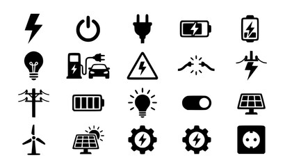 Fototapeta premium Electrical energy silhouette icon vector set with lightning bolts and light bulbs