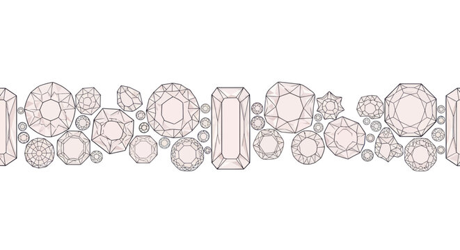 Seamless horizontal border of faceted gemstones and sparkling diamonds